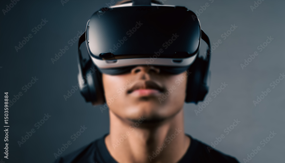 Deep focus as a male interacts with virtual reality, lit by soft magenta and cyan lights, embodying modern entertainment. Deep focus as a male interacts with virtual reality, lit by soft magenta and cyan lights, embodying modern entertainment.