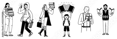 Monochrome illustrations portray individuals of diverse ages and styles engaged with books, celebrating the universal joy and significance of reading and knowledge. Each figure depicts a unique intera