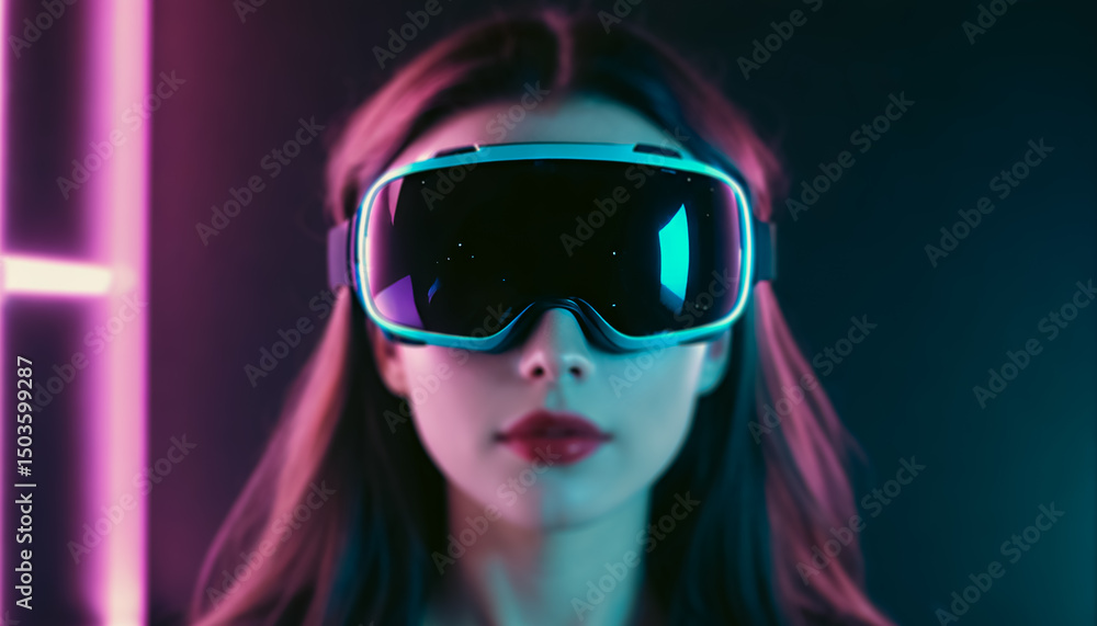 Step into a virtual dream as this image captures a woman engaged with VR gear, immersed in glowing lights and sleek modern design. Step into a virtual dream as this image captures a woman engaged with VR gear, immersed in glowing lights and sleek modern design.