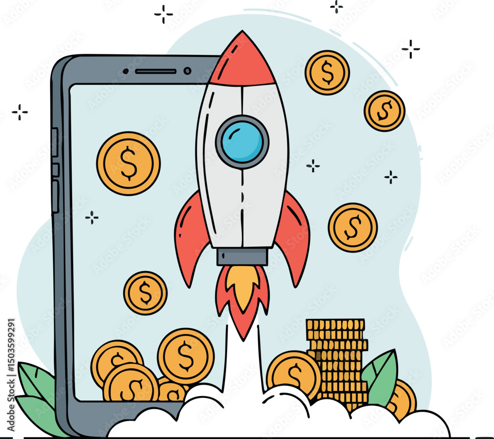 Rocket Launching from Smartphone with Flying Coins and Money Growth Concept Vector Illustration Rocket Launching from Smartphone with Flying Coins and Money Growth Concept Vector Illustration