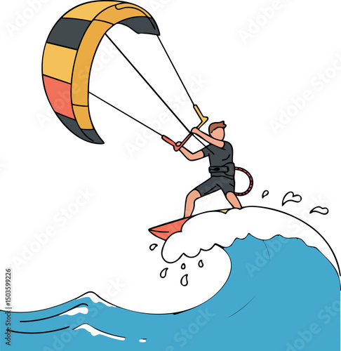 Kite surfer riding wave with colorful kite over ocean water vector illustration 