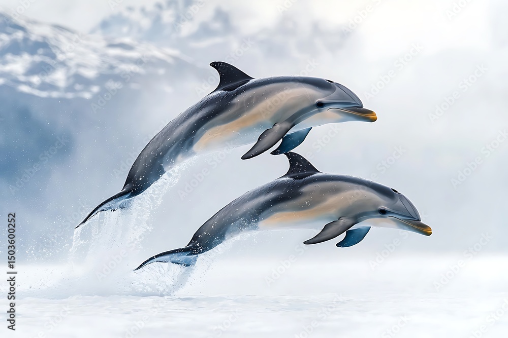 Fototapeta premium Dolphins leaping with ocean, and mountains.