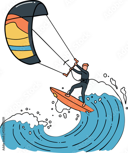 Kite surfer riding large blue wave with colorful kite vector illustration 