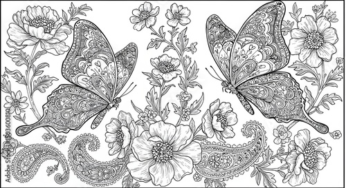 Elegant Butterflies Dancing Among Paisley Blooms and Garden Wildflowers