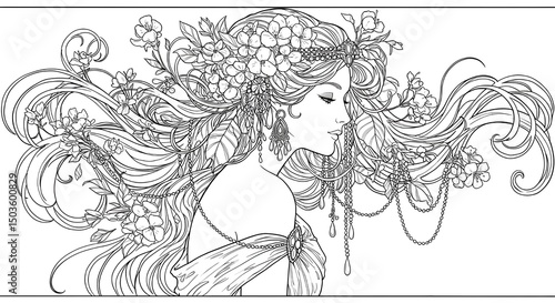 Sleeping Flower Queen with Blossoming Hair and Royal Ornamental Elegance