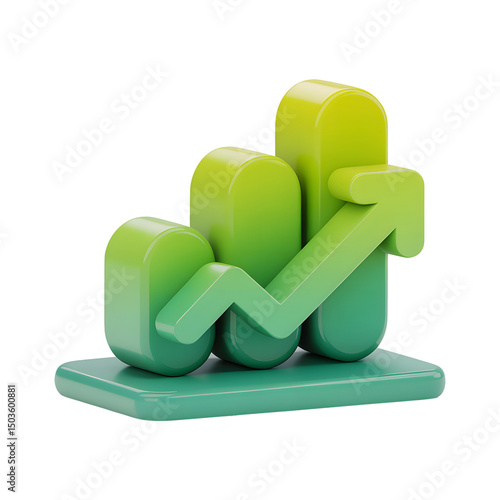 3D Minimal Data Analysis Icon with Rising Arrow and Bar Graph Representing Soaring Finances on Transparent Background