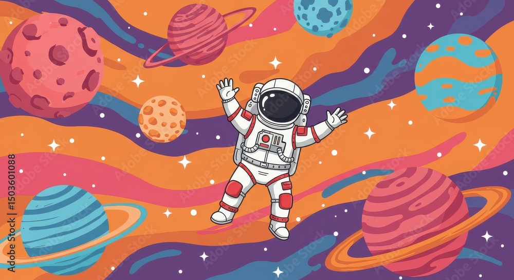 Fototapeta premium Astronaut floating in space with colorful planets and celestial bodies