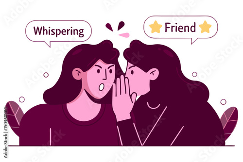 Two stylized female figures are shown in an illustration, one whispering a secret to the other, who reacts with surprise.