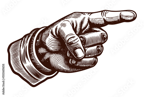 A vintage-style black and white illustration of a hand with the index finger pointing right, suggesting direction or emphasis.