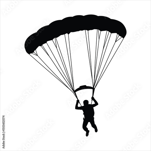Silhouette of skydiver in freefall with parachute against a white background