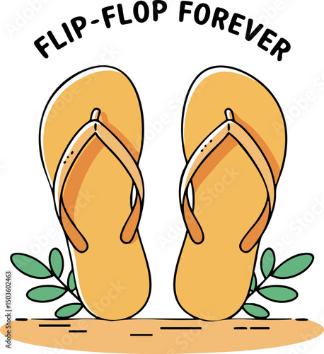 Yellow flip-flops with green leaves and flip-flop forever text vector illustration summer footwear design 