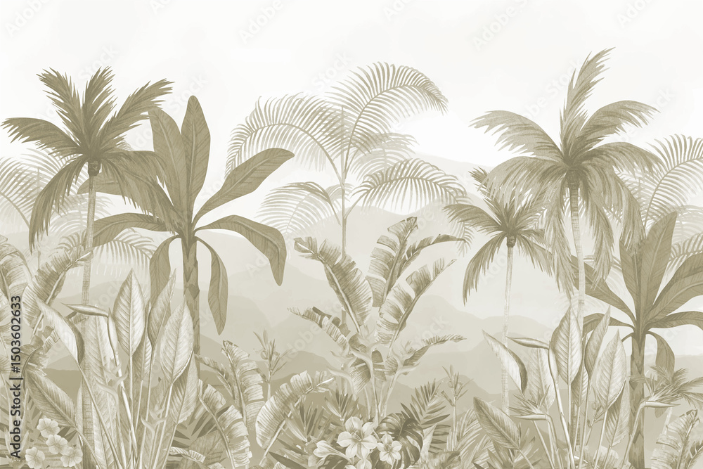 custom made wallpaper toronto digitalSubtle Green Tropical Forest with Palm Trees, Soft Botanical Landscape Wallpaper