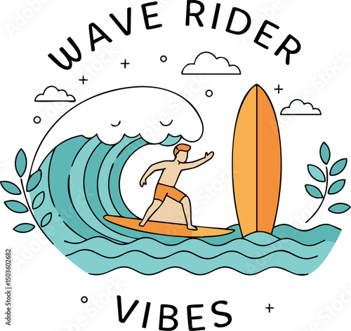 Surfer riding blue ocean wave with orange surfboard and tropical leaves vector illustration 