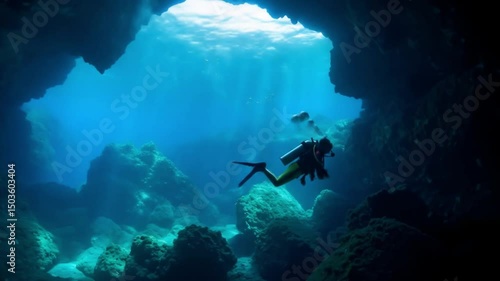 Wallpaper Mural Underwater cave diving animation with scuba diver exploring coral reefs and natural rock formations Torontodigital.ca