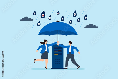 Flat illustration of two people installing umbrella shield over server to block malware rain and protect with cybersecurity protocols