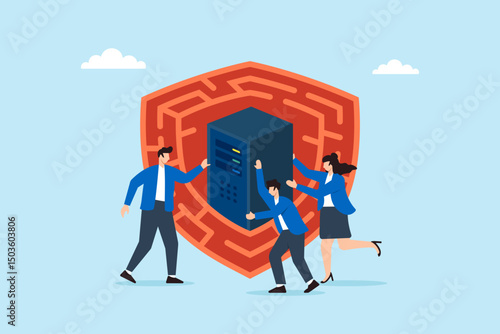 Flat illustration of three people placing server inside maze firewall to confuse hackers and guard data system