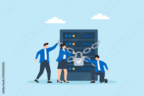 Flat illustration of three people wrapping server with chain links padlock for data encryption and network security