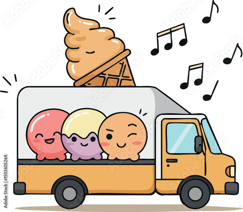 Cute ice cream truck with smiling ice cream characters and musical notes vector illustration 