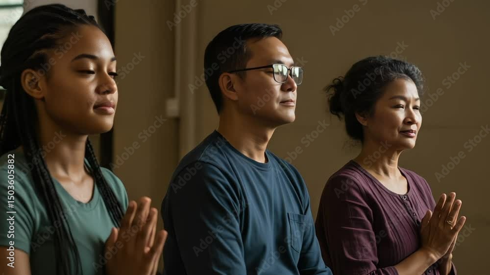 Diverse family meditating together in a peaceful and serene setting Diverse family meditating together in a peaceful and serene setting
