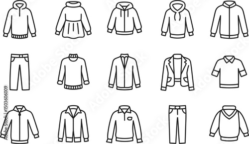 Vector illustration of various modern clothing items including hoodies jackets and pants in a simple style