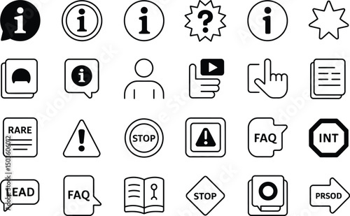 Collection of various black and white icon set design for information, warnings, and instructions