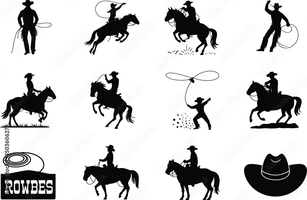 Fototapeta premium Silhouette cowboys on horses in action with lasso and cowboy hat design elements