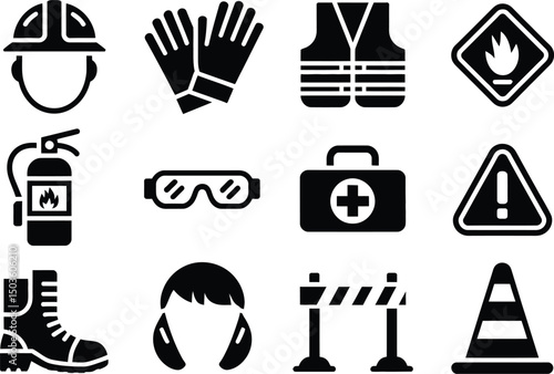 Safety equipment icons representing workplace hazards prevention and first aid procedures