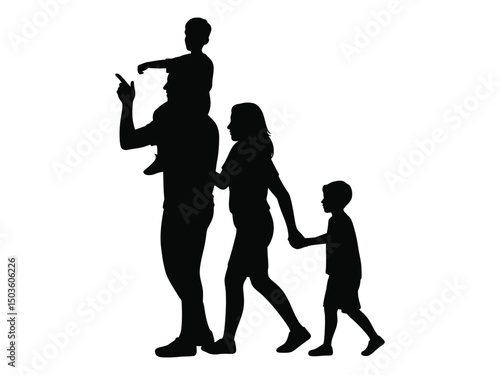 Silhouette of a family walking together father carrying child on shoulders happy outing
