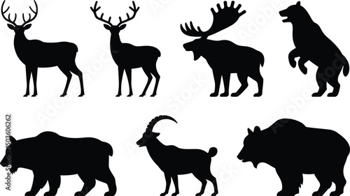 Silhouettes of diverse north american wild animals including deer moose and grizzly bear