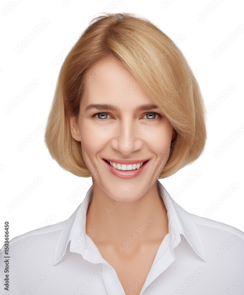 Professional headshot of a smiling woman with short light blonde bob and blue eyes in white collared shirt, isolated on transparent background Professional headshot of a smiling woman with short light blonde bob and blue eyes in white collared shirt, isolated on transparent background