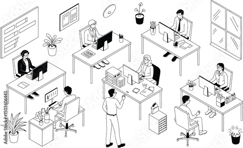 Isometric black and white illustration depicting office workers at their desks with various accessories