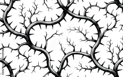Detailed black and white seamless pattern of thorny branches with spikes and subtle details