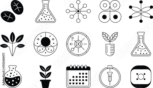 Minimalist vector icons depicting scientific research and natural plant based experiments