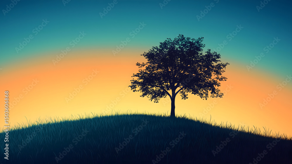 Obraz premium Serene Sunset Landscape Solitary Tree Silhouette on Grassy Hilltop