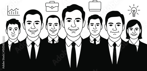 Business team standing together portraying success and professionalism in simple monochrome vector