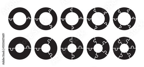 Black puzzle circle stages. Diagram infographic set. Circle vector 2, 3, 4, 5, 6, parts. Process and segmented concept	