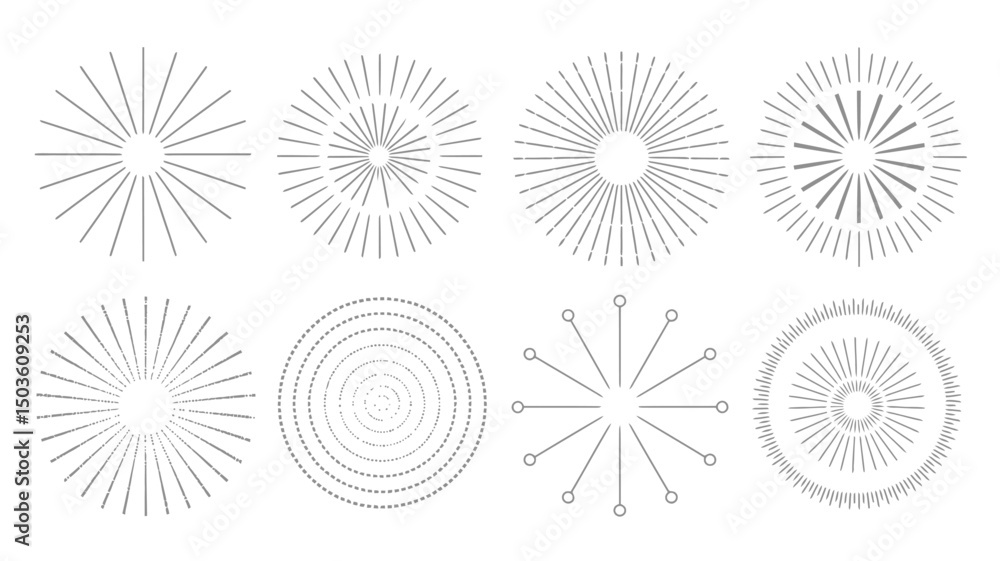 Obraz premium Collection of geometric design elements featuring radial burst and starburst shapes in minimalist style
