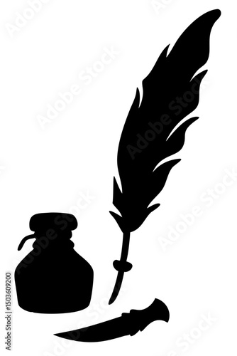 Silhouette of a Foil Quill, Ink Bottle, and Knife as Artistic Elements in a Creative Workspace