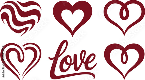 Elegant collection of artistic heart shapes and love wordmark in maroon color