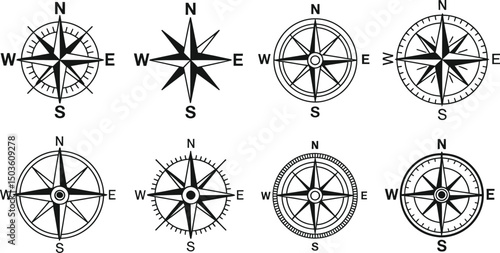 Collection of eight black and white compass rose designs representing direction and navigation