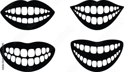 Collection of silhouetted mouths smiling with a variety of teeth in black and white for dental illustrations