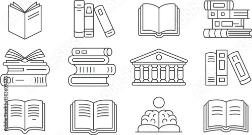 Collection of minimalist black and white line art book icons for education and reading concepts