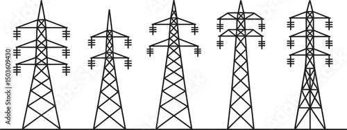 Minimalist vector illustration of electric power pylons in various simple detailed designs