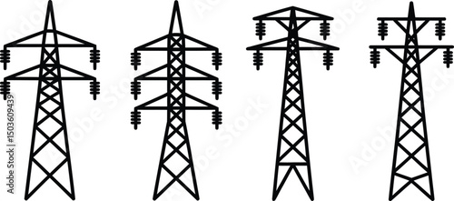 Black and white illustrations of several different electric power pylons for various design uses.