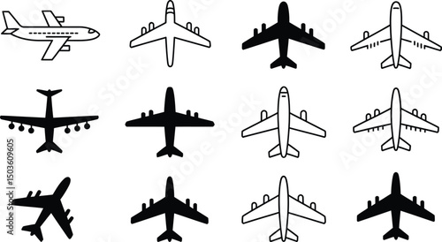 Collection of simple and stylish airplane icon designs in black and white perfect for travel concepts