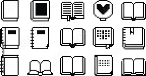 Collection of pixelated book icons depicting educational resources and information in vector format
