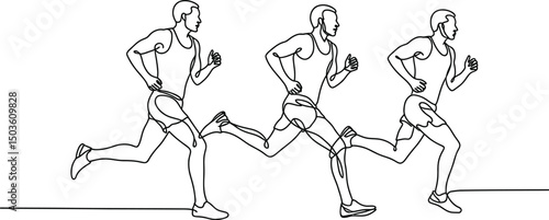 Continuous line drawing depicting three runners in dynamic motion against a white background