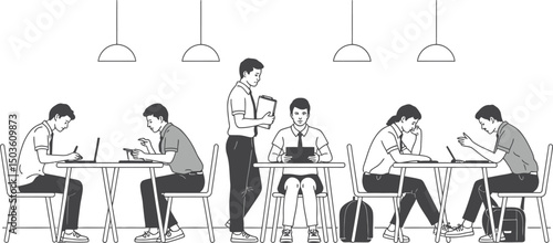 People working on laptops tablets and paper at tables under hanging ceiling lights