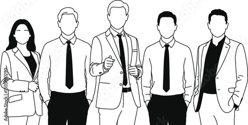 Professional team of business professionals grouped together in modern black and white illustration