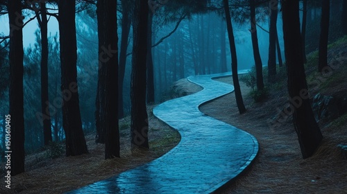 A winding path through a misty forest on a rainy day.